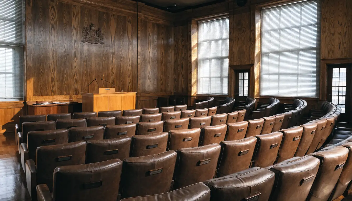 Empty Australian parliamentary chamber with leather seats and warm wooden interior.