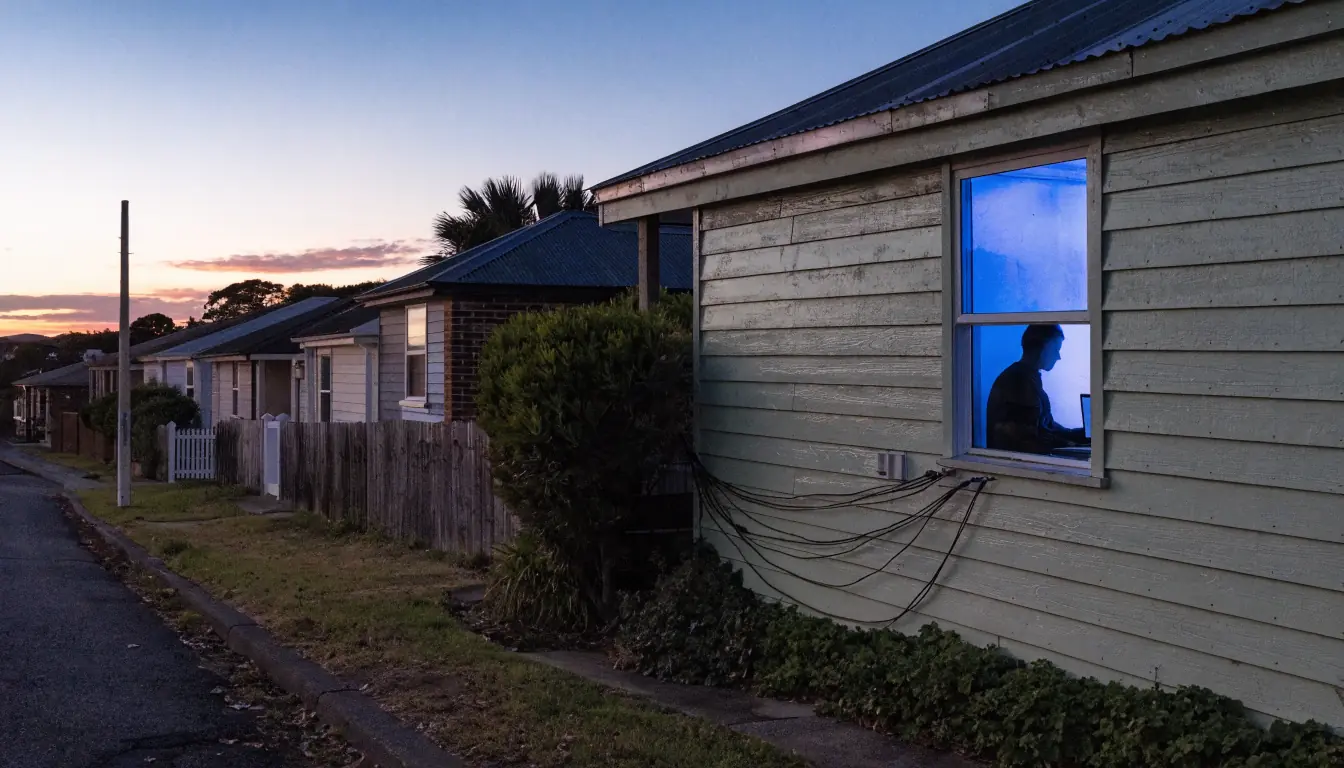 Australian suburban house at dusk with a laptop glowing at an open window, signalling online access from home.