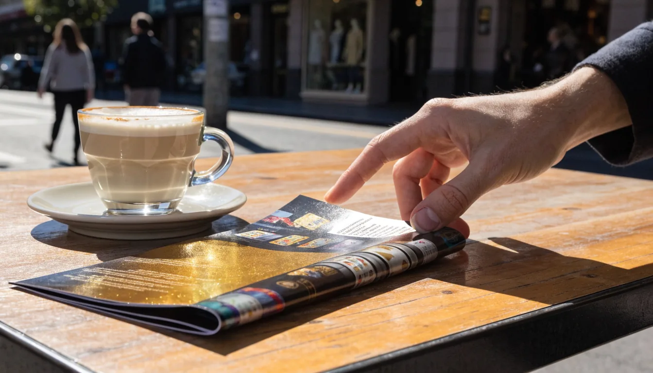 Glossy casino promotional leaflet folded beside a coffee on a Melbourne cafe table.