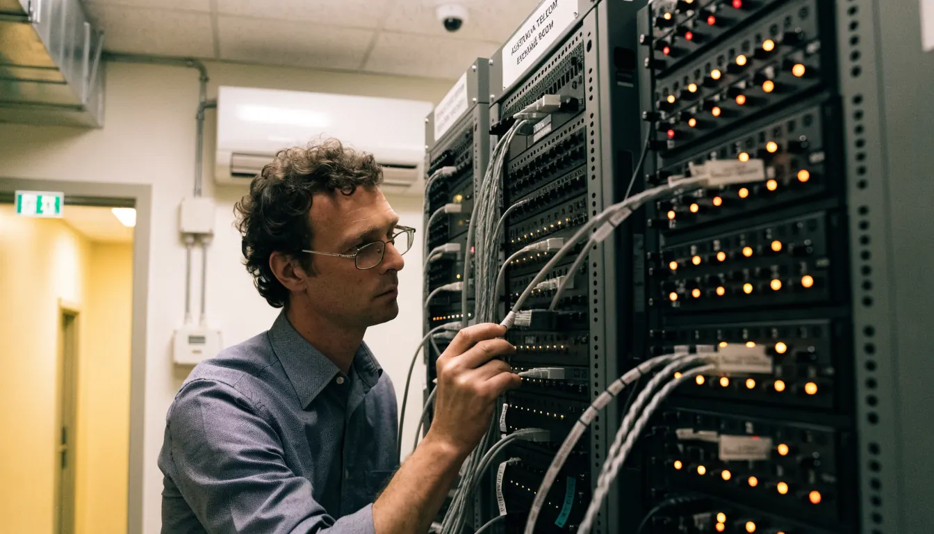 Technician unplugging a cable from a server rack in an Australian telecom exchange.