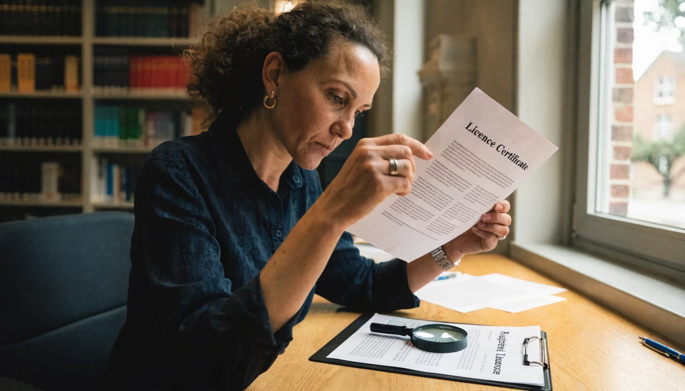 Consumer advocate comparing printed licence documents under daylight at a library desk.